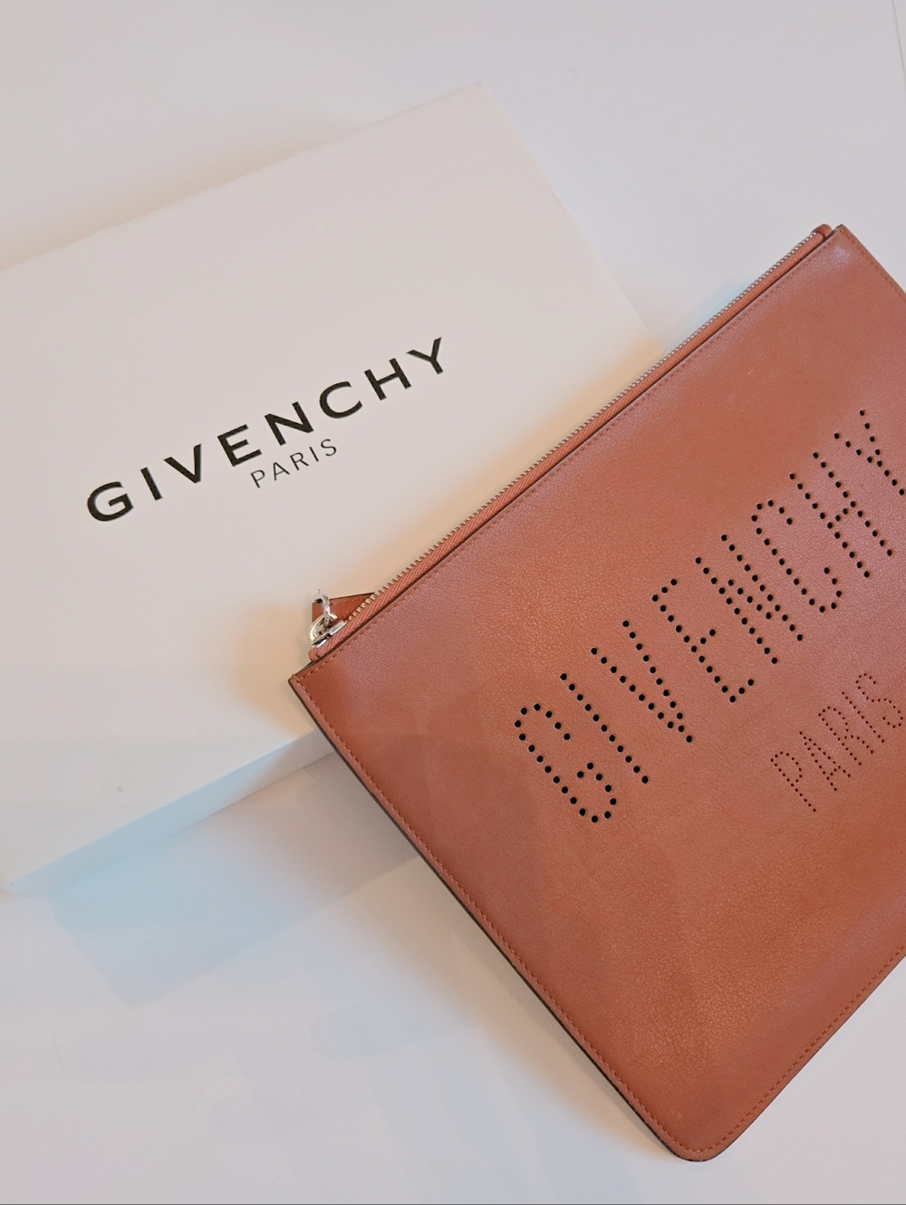 Givenchy Tan Leather Logo Zipper Pouch Clutch With Box